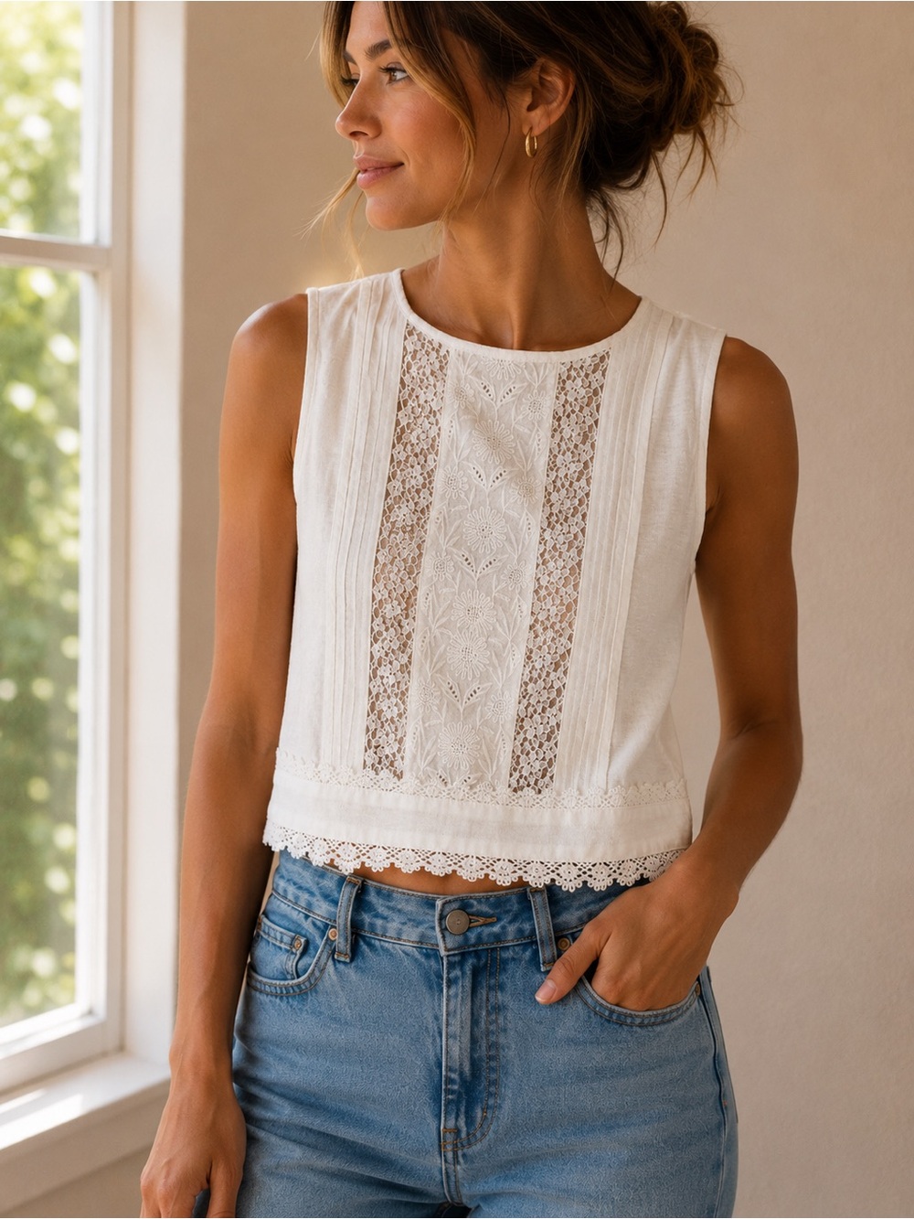 Free People White Lace-Back Tie Waist Camisole